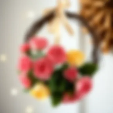 Crafting project showcasing mini fake rose flower heads integrated into a handmade wreath