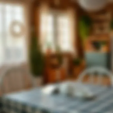 A cozy indoor space featuring a plaid plastic tablecloth enhancing the room’s decor