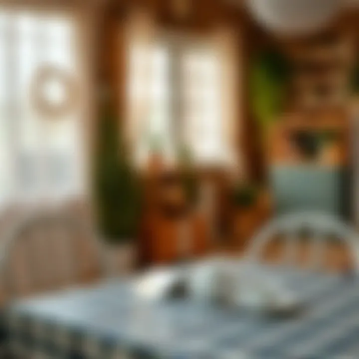 A cozy indoor space featuring a plaid plastic tablecloth enhancing the room’s decor