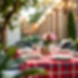 Outdoor Elegance with Plaid An elegantly set outdoor dining table adorned with a vibrant plaid plastic tablecloth