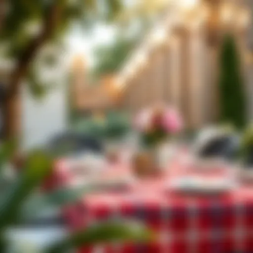 Outdoor Elegance with Plaid An elegantly set outdoor dining table adorned with a vibrant plaid plastic tablecloth
