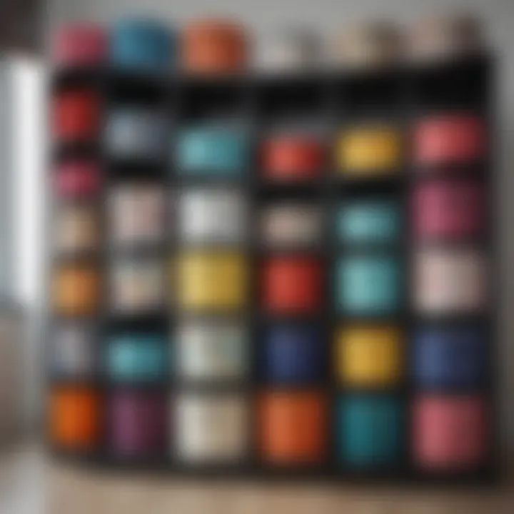 Colorful fabric round storage boxes arranged on a shelf