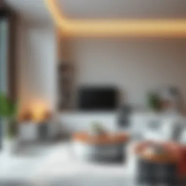 Contemporary Living Room Integration Contemporary living room featuring a stylish white corner shelf