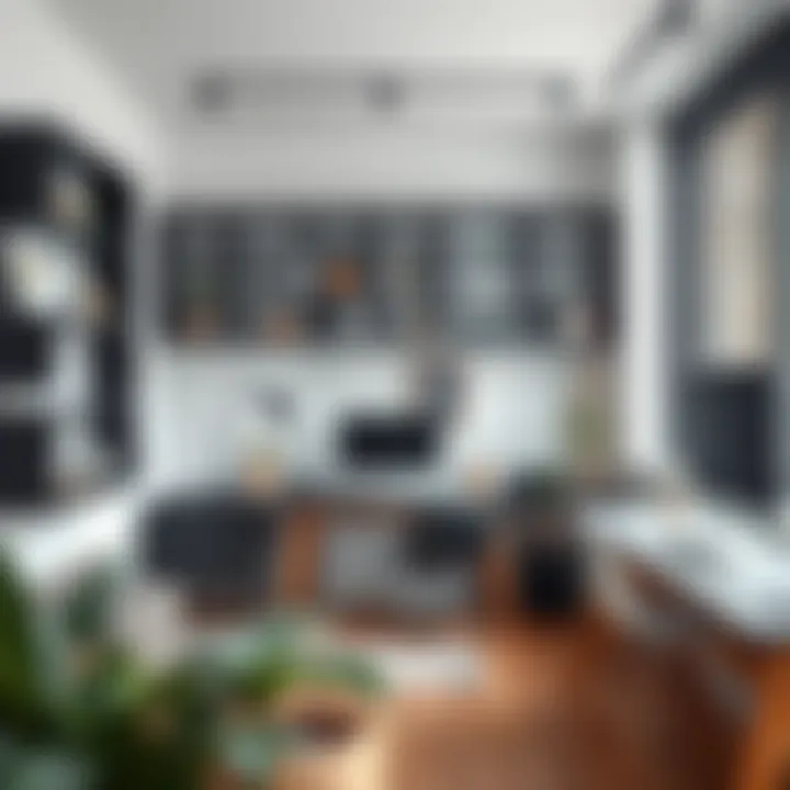 Creative Workspace Featuring Thick Black Shelves Thick black floating shelves utilized in a creative workspace