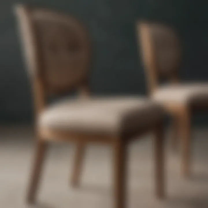 Close-up of materials used in upholstered wood dining chairs