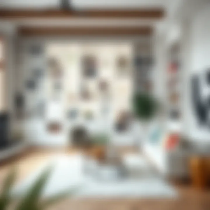 Chic Living Room with White Staggered Bookcase Modern living room featuring a stylish white staggered bookcase