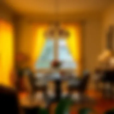 Cozy Dining Area with Yellow Sheer Curtains Cozy dining area illuminated by yellow sheer curtains adding a cheerful touch