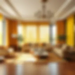 Elegant living room adorned with yellow sheer panel curtains enhancing natural light