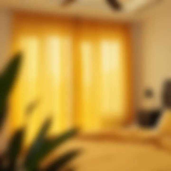 Stylish Bedroom with Yellow Sheer Curtains Stylish bedroom featuring yellow sheer panel curtains creating a warm ambiance