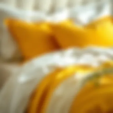 Close-up of luxurious textile materials used in yellow and white bedding