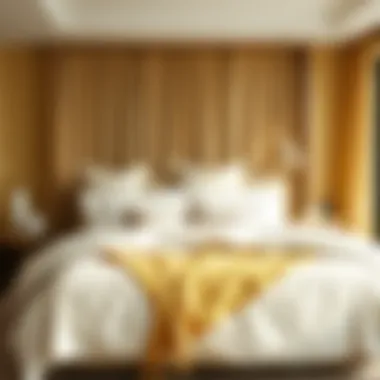 A stylish bedroom showcasing a theme centered around yellow and white bedding