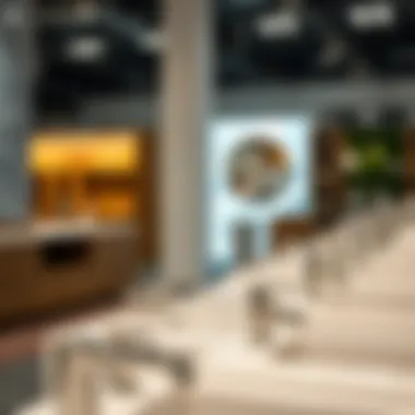 Variety of faucet types displayed on a showroom