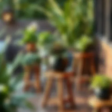 Outdoor Serenity: Embracing Nature with Foldable Wood Stands Stylish outdoor setup featuring multiple foldable wood plant stands