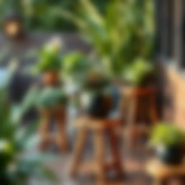 Outdoor Serenity: Embracing Nature with Foldable Wood Stands Stylish outdoor setup featuring multiple foldable wood plant stands