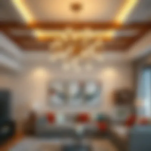 Modern chandelier illuminating a stylish living room