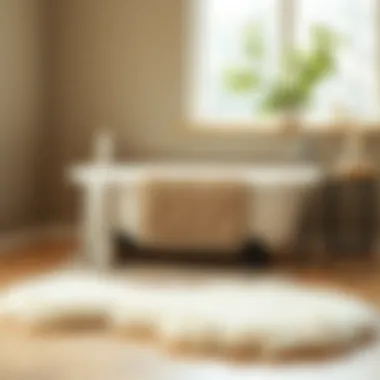 Charming Sheepskin at the Edge of a Soaking Tub Cozy sheepskin rug by a soaking tub