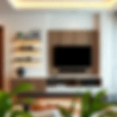 Stylish living room featuring a wall mount TV stand with decorative shelves