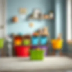 Colorful storage bins for organizing toys in a playroom