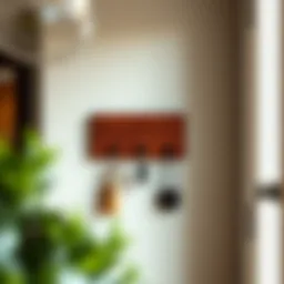 Rustic wooden key hook in a cozy entryway