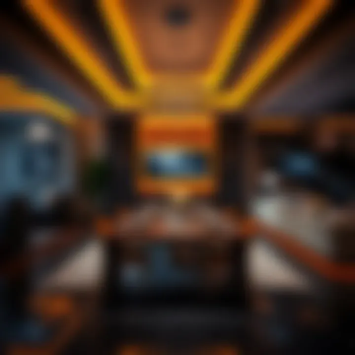 A sophisticated dining area transformed by LED color light panels, creating an inviting and warm environment.