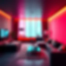 A modern living room illuminated by dynamic LED color light panels, showcasing diverse hues and moods.