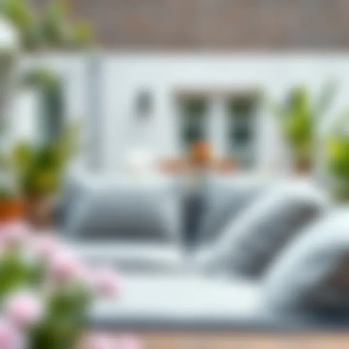 Harmonious Design: Gray Cushions in a Vibrant Outdoor Scene Light gray cushions complementing a vibrant outdoor setting