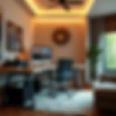 Home office setup with a long thin desk and ergonomic chair