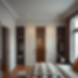 Elegant example of a high ceiling closet with sliding doors