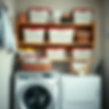 Organized storage bins on laundry shelf