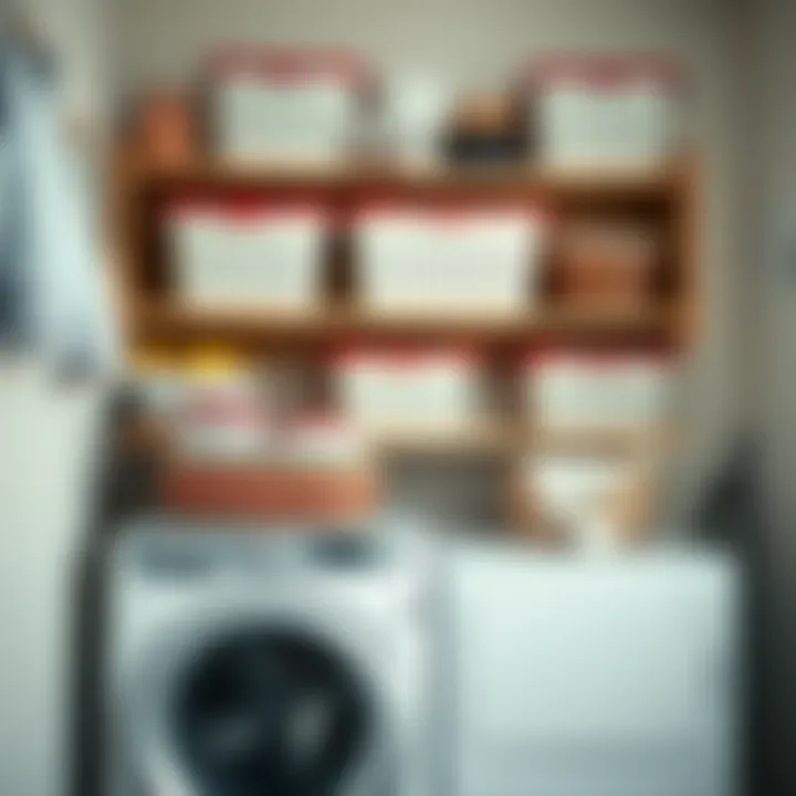 Organized storage bins on laundry shelf