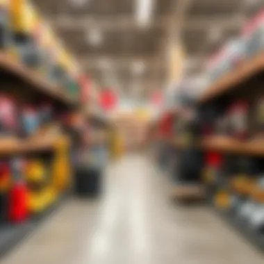 A visually appealing layout of home improvement store shelves filled with tools and materials