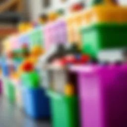 Colorful LEGO organizer containers arranged neatly