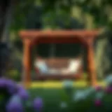 A beautifully designed wooden swing set in a lush garden