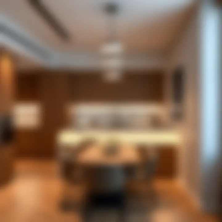 Innovative overhead fixtures in a sleek dining space