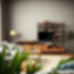 Stylish storage shelving unit with drawers in a modern living room