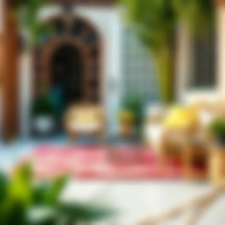 Harmonious Blend of Pink and Yellow Rugs in Outdoor Seating Combination of pink and yellow rugs in outdoor seating area