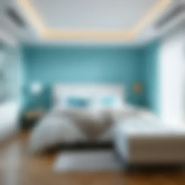 Serene Bedroom Atmosphere with Turquoise and White Bedding A serene bedroom atmosphere created by turquoise and white bedding