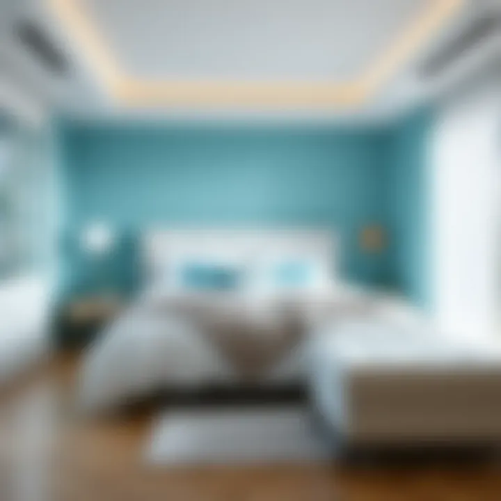 Serene Bedroom Atmosphere with Turquoise and White Bedding A serene bedroom atmosphere created by turquoise and white bedding