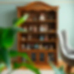 Elegant wooden doll display shelf showcasing a variety of dolls in a chic setting