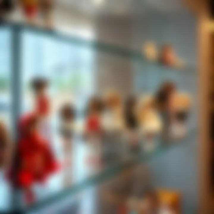 Creative arrangement of dolls on a modern glass shelf highlighting their details
