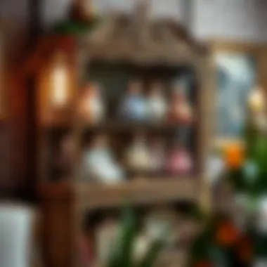 Vintage-inspired display shelf adorned with ornate decorations and classic dolls