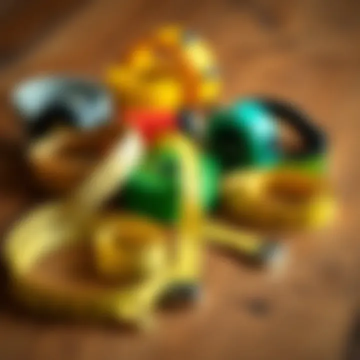 Different types of measuring tapes arranged on a wooden surface