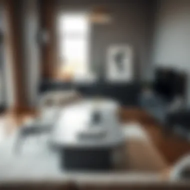 Minimalist Living Room Featuring Grey Table Desk Stylish grey table desk integrated into a minimalist living room