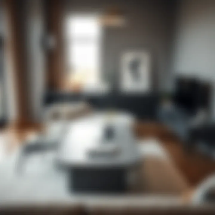 Minimalist Living Room Featuring Grey Table Desk Stylish grey table desk integrated into a minimalist living room