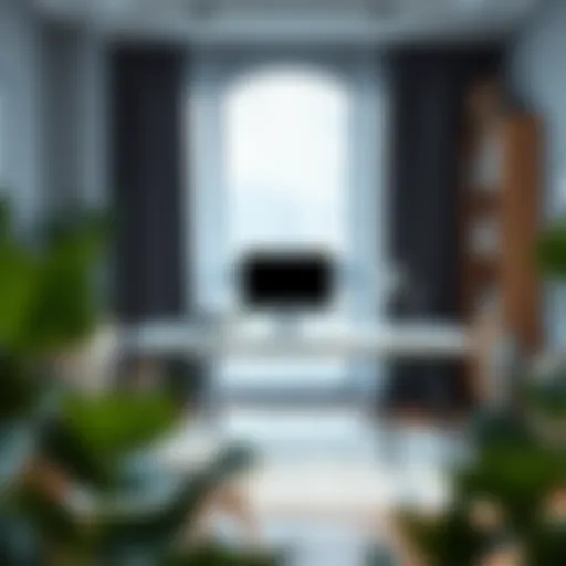 Modern Home Office with Grey Table Desk Sleek grey table desk in a modern home office setting