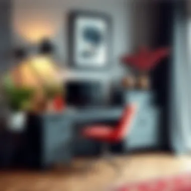 Grey Table Desk with Vibrant Decor Grey table desk paired with vibrant decor elements