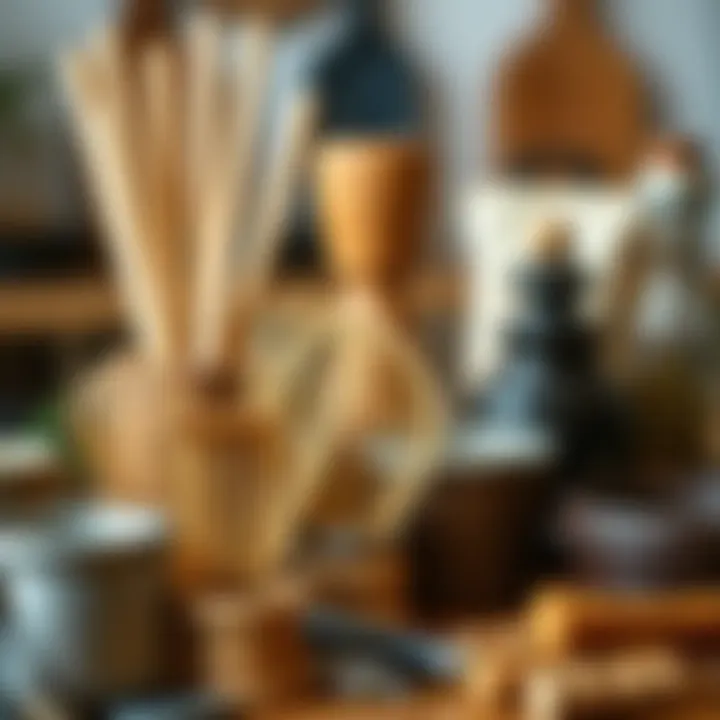 Assorted materials for crafting hand whisks displayed artistically