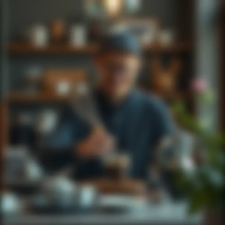 Coffee enthusiast demonstrating whisking techniques in a cozy setting