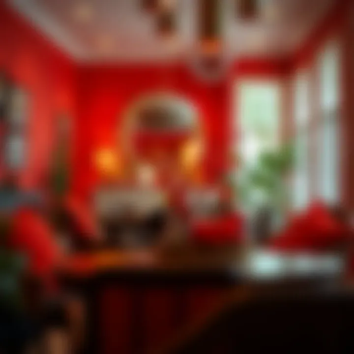 Vibrant dining area featuring red pillows on dining chairs