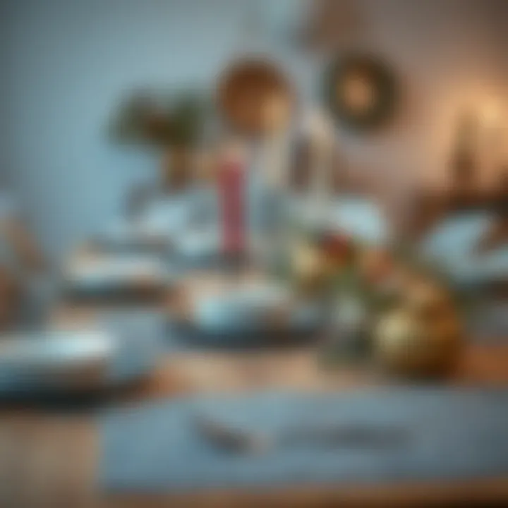 A curated dining table featuring grey table mats, elegant dishes, and seasonal decorations